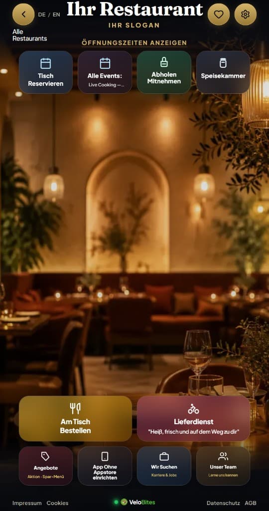 Velobites Restaurant-App – Schnellaktionen und Bestellwege am Beispiel einer eigenen Marke