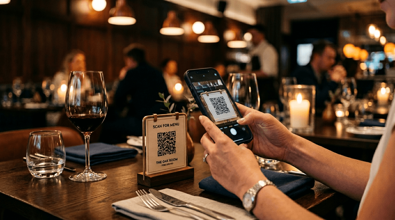 Gast scannt QR-Code am Tisch mit Smartphone
